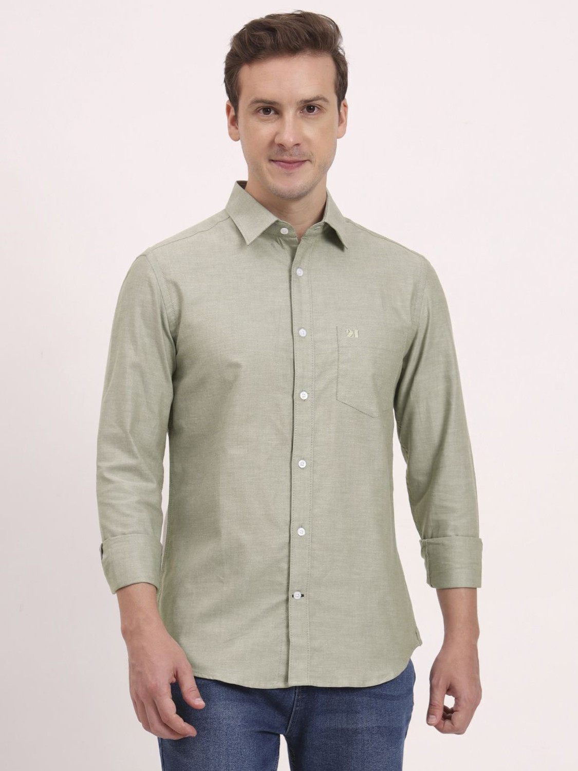 Image of HOUSE OF TWENTY ONE Men Solid Casual Light Green Shirt