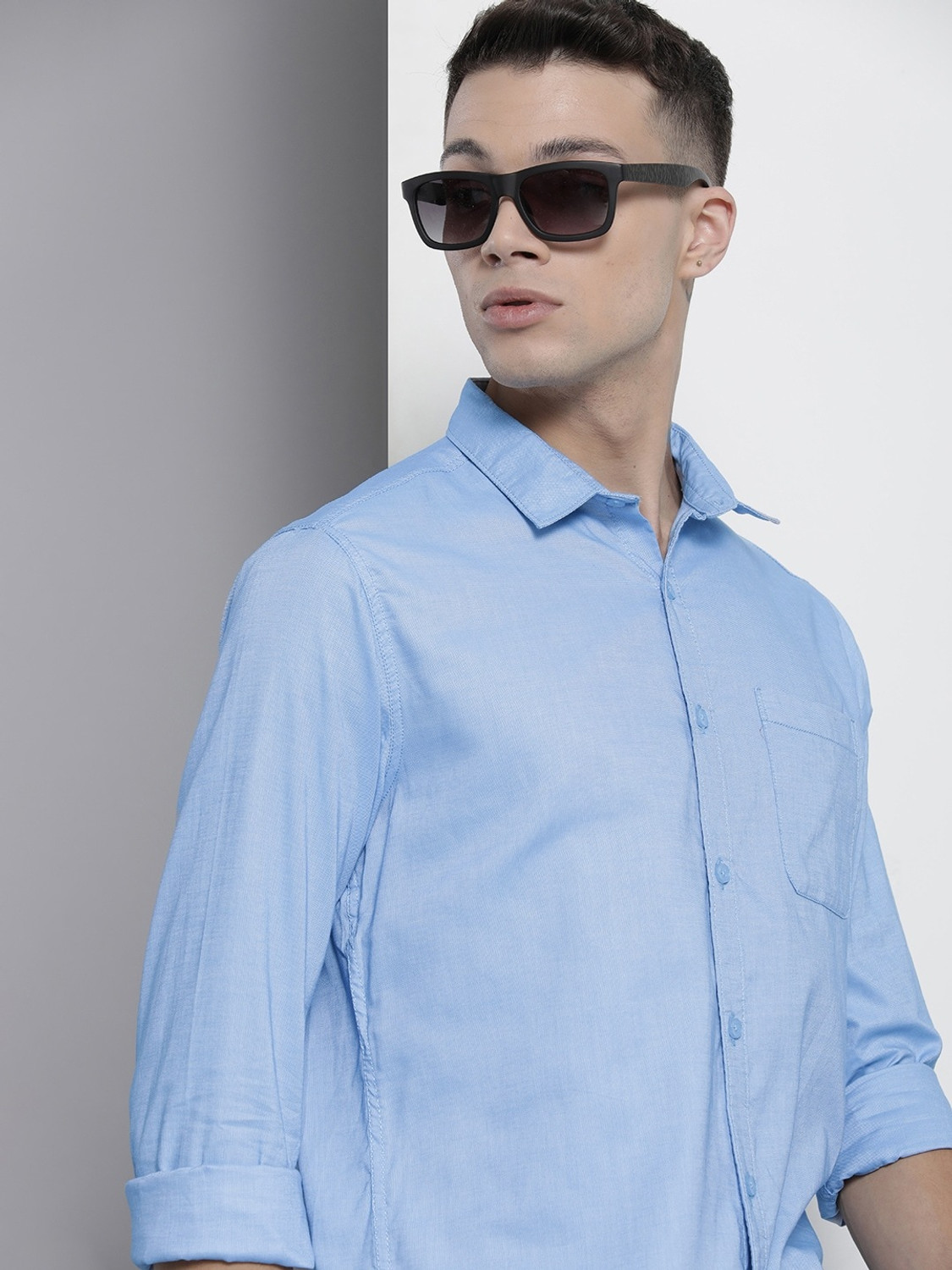 Image of The Indian Garage Co. Men Solid Formal Blue Shirt