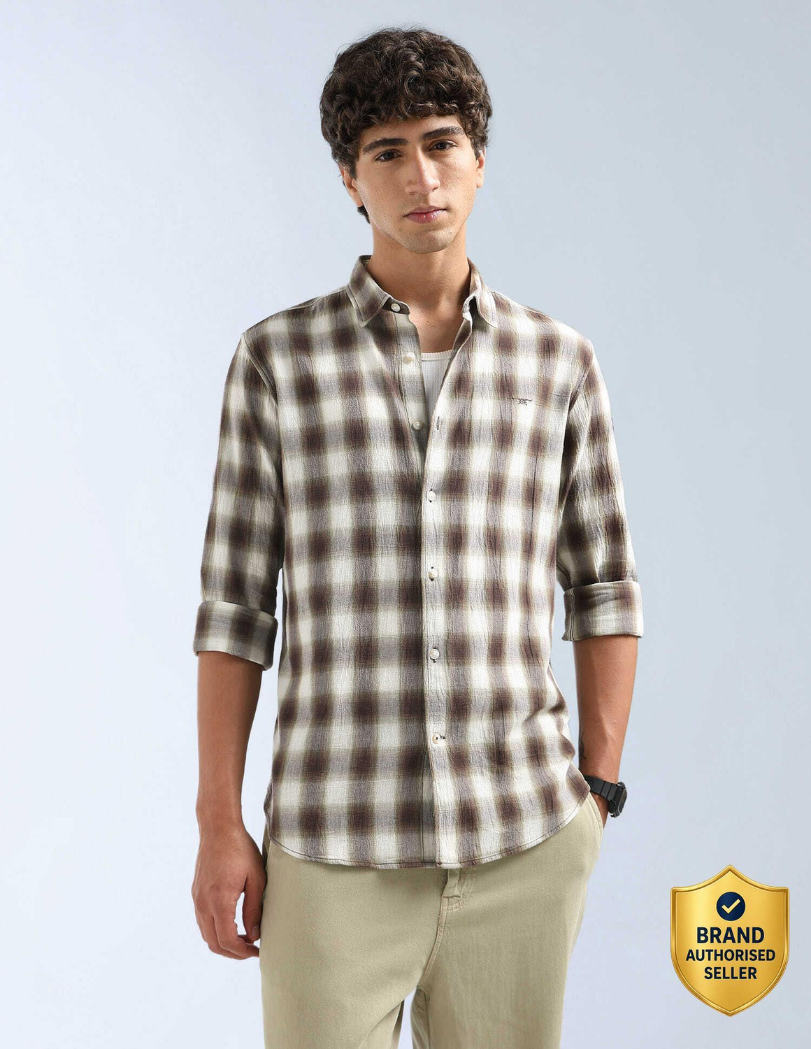 Image of FLYING MACHINE Men Checkered Casual Brown Shirt