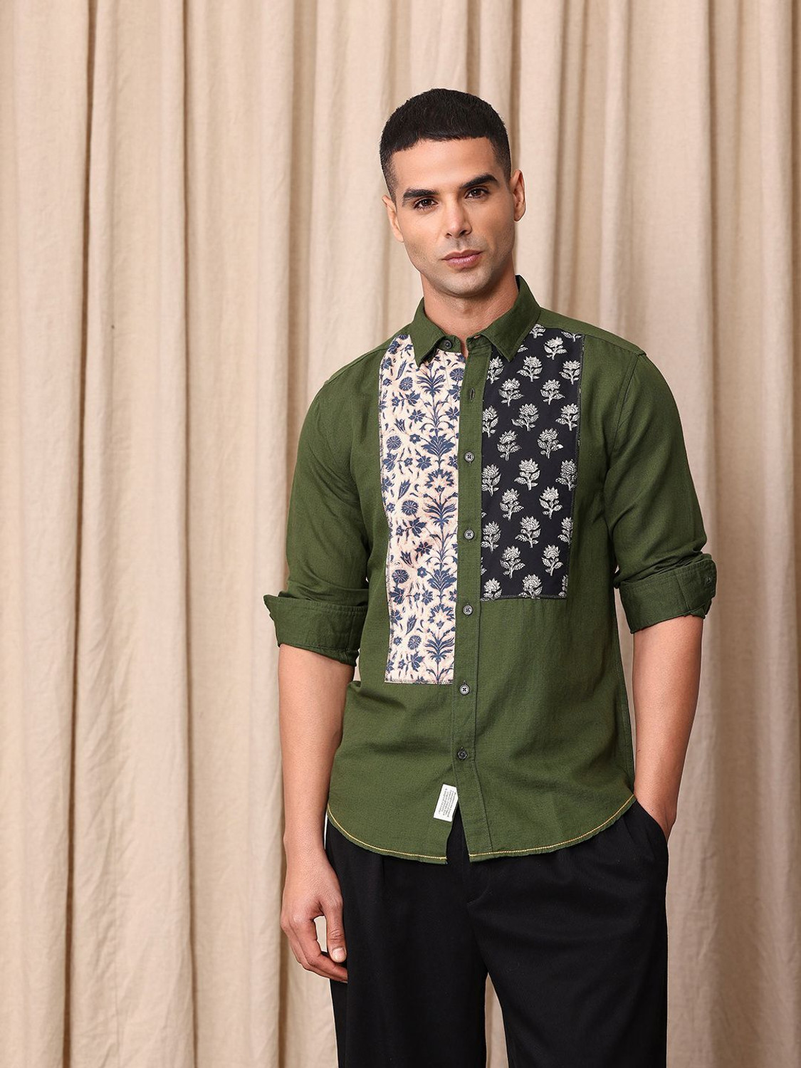 Image of Mr Bowerbird Men Self Design Casual Green Shirt