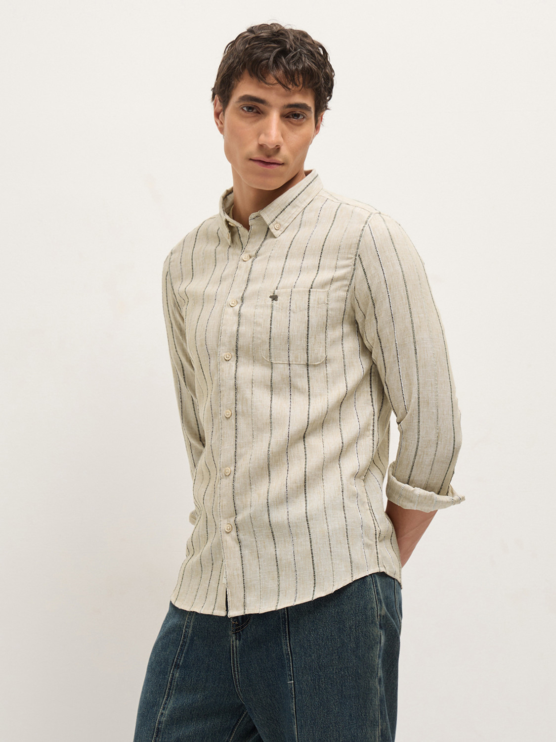 Image of THE BEAR HOUSE Men Striped Casual Beige Shirt