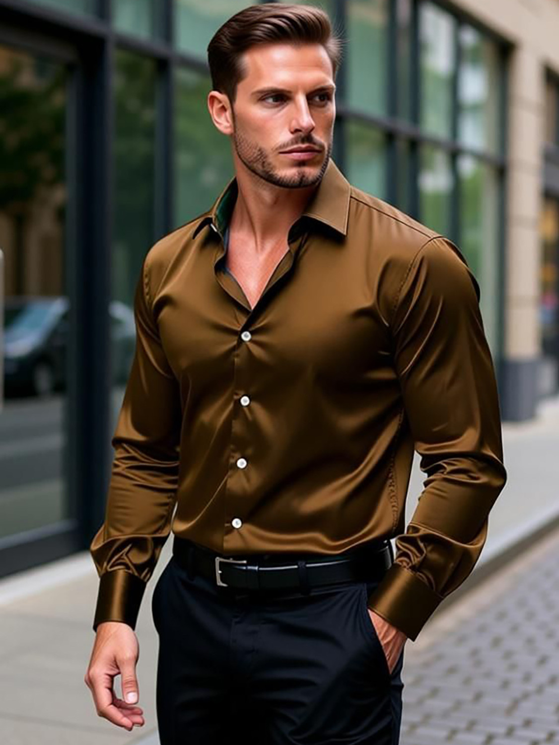 Image of SOLSTICE Men Solid Formal Brown Shirt
