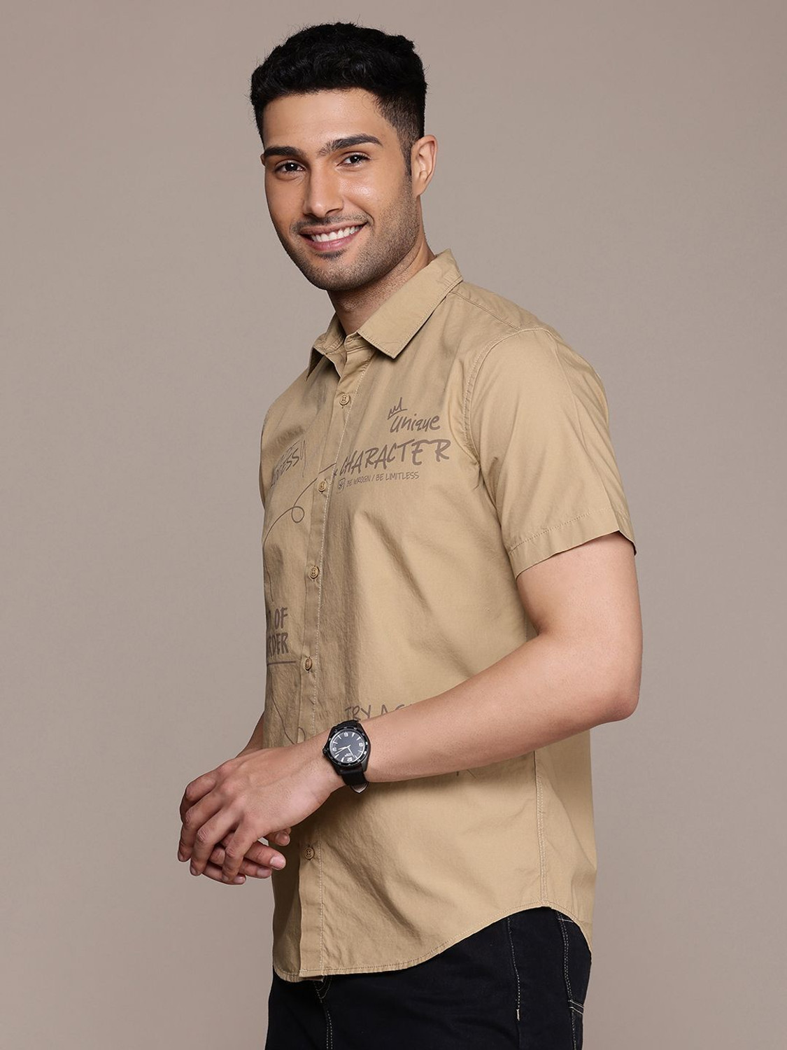 Image of WROGN Men Printed Casual Beige Shirt