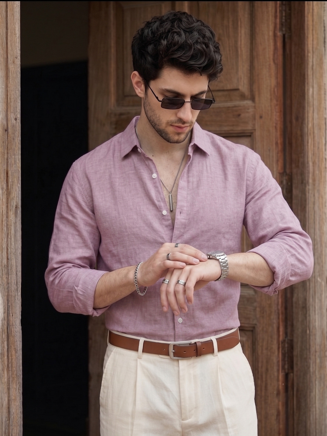 Image of STONEBERG Men Solid Formal Pink Shirt
