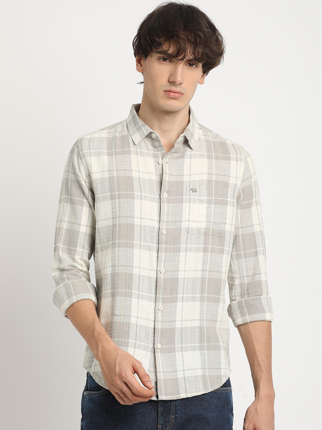 Image of THE BEAR HOUSE Men Checkered Casual Grey Shirt