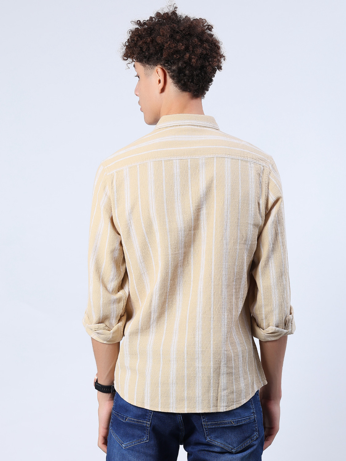 Image of V-MART Men Striped Casual Beige Shirt