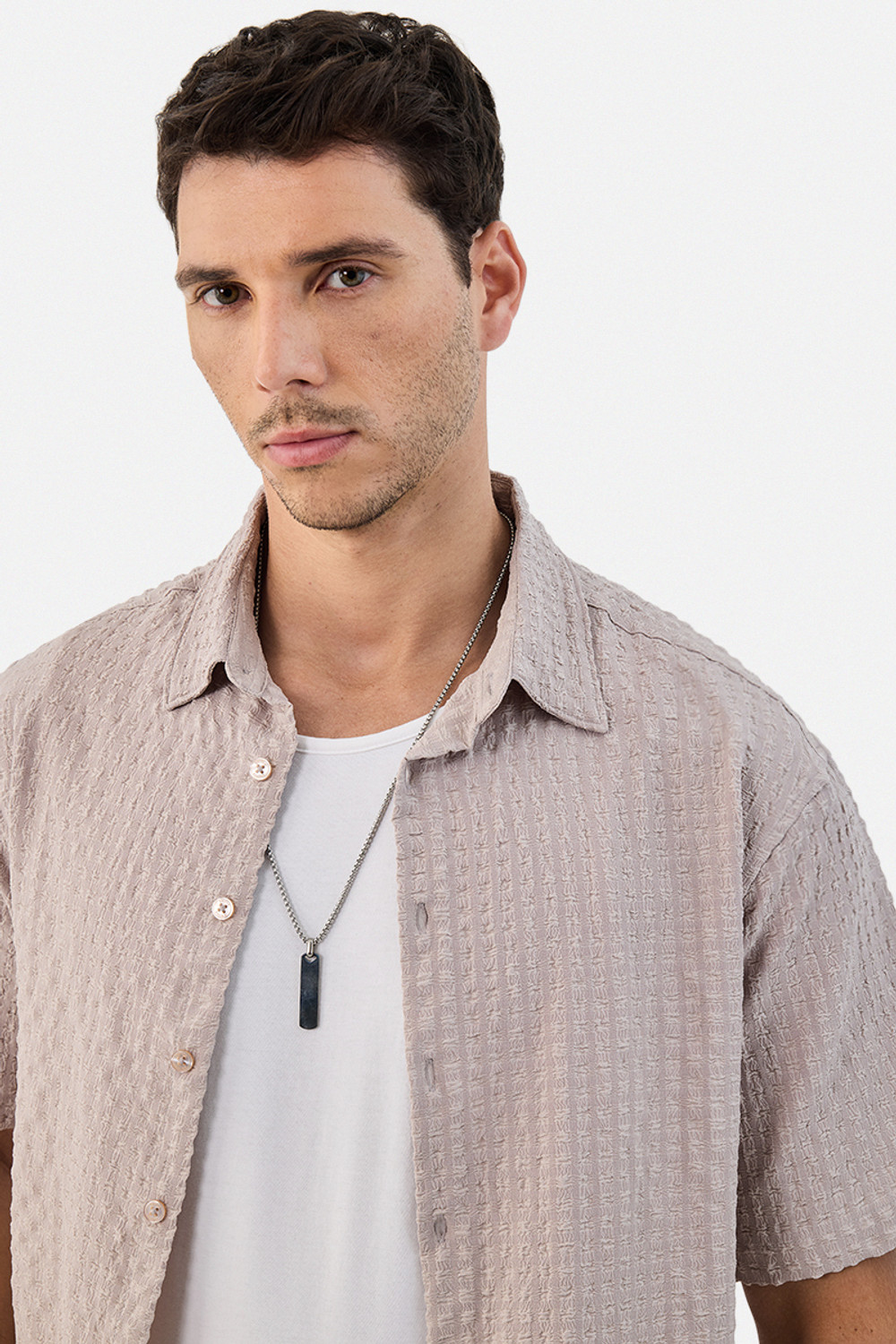 Image of Snitch Men Self Design Casual Beige Shirt