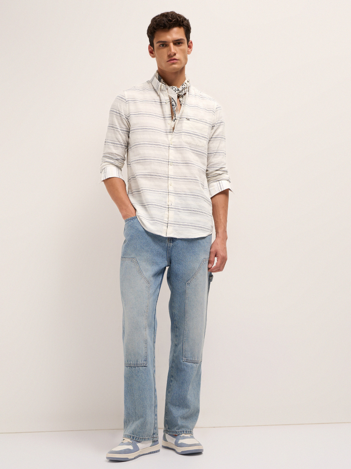 Image of THE BEAR HOUSE Men Striped Casual White Shirt