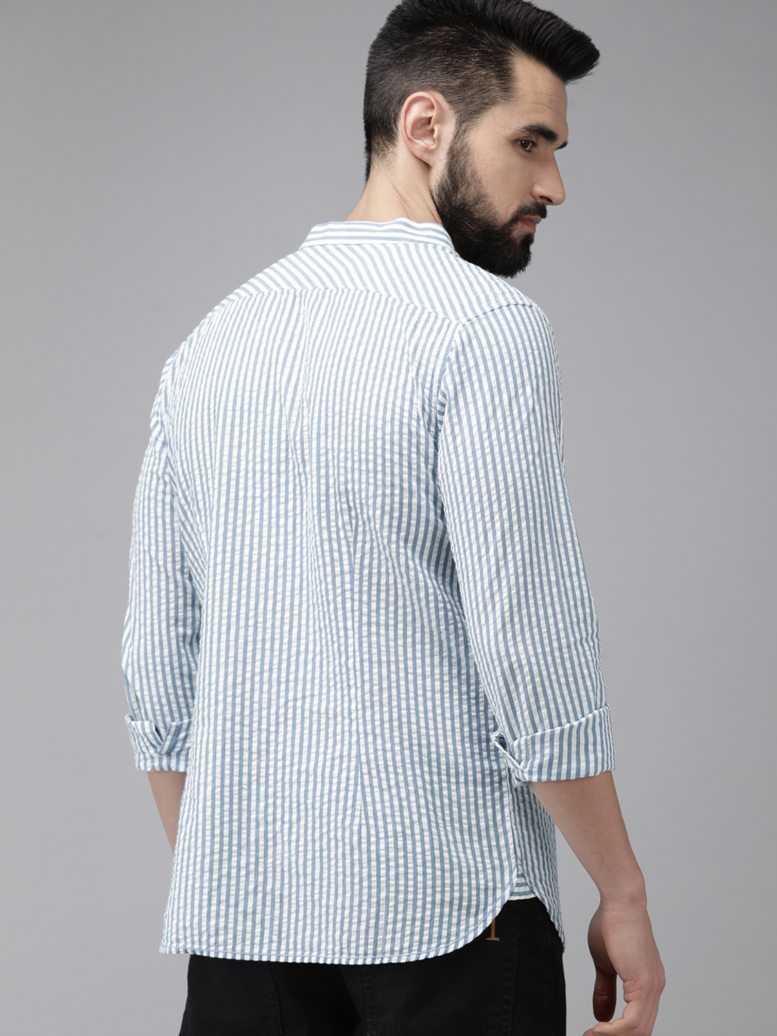 Image of THE BEAR HOUSE Men Striped Casual Blue Shirt