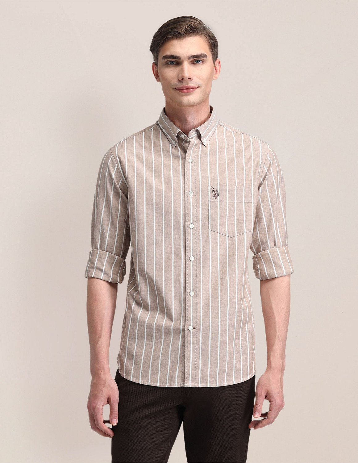 Image of U.S. POLO ASSN. Men Striped Formal Brown Shirt