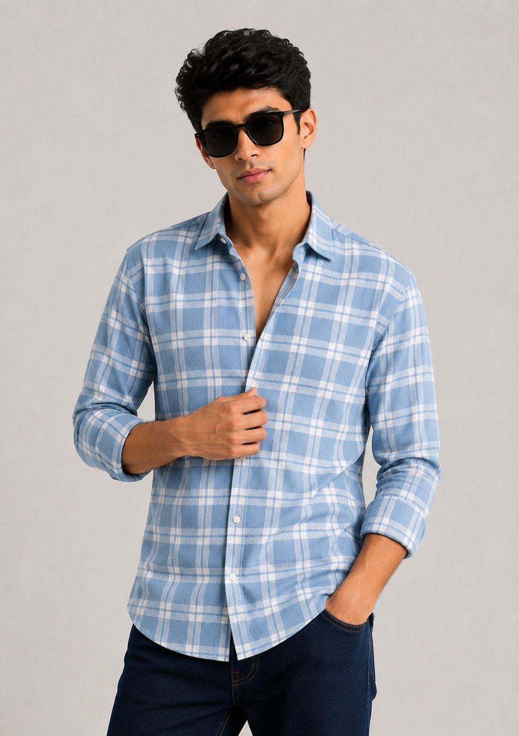 Image of FUBAR Men Checkered Casual Blue Shirt