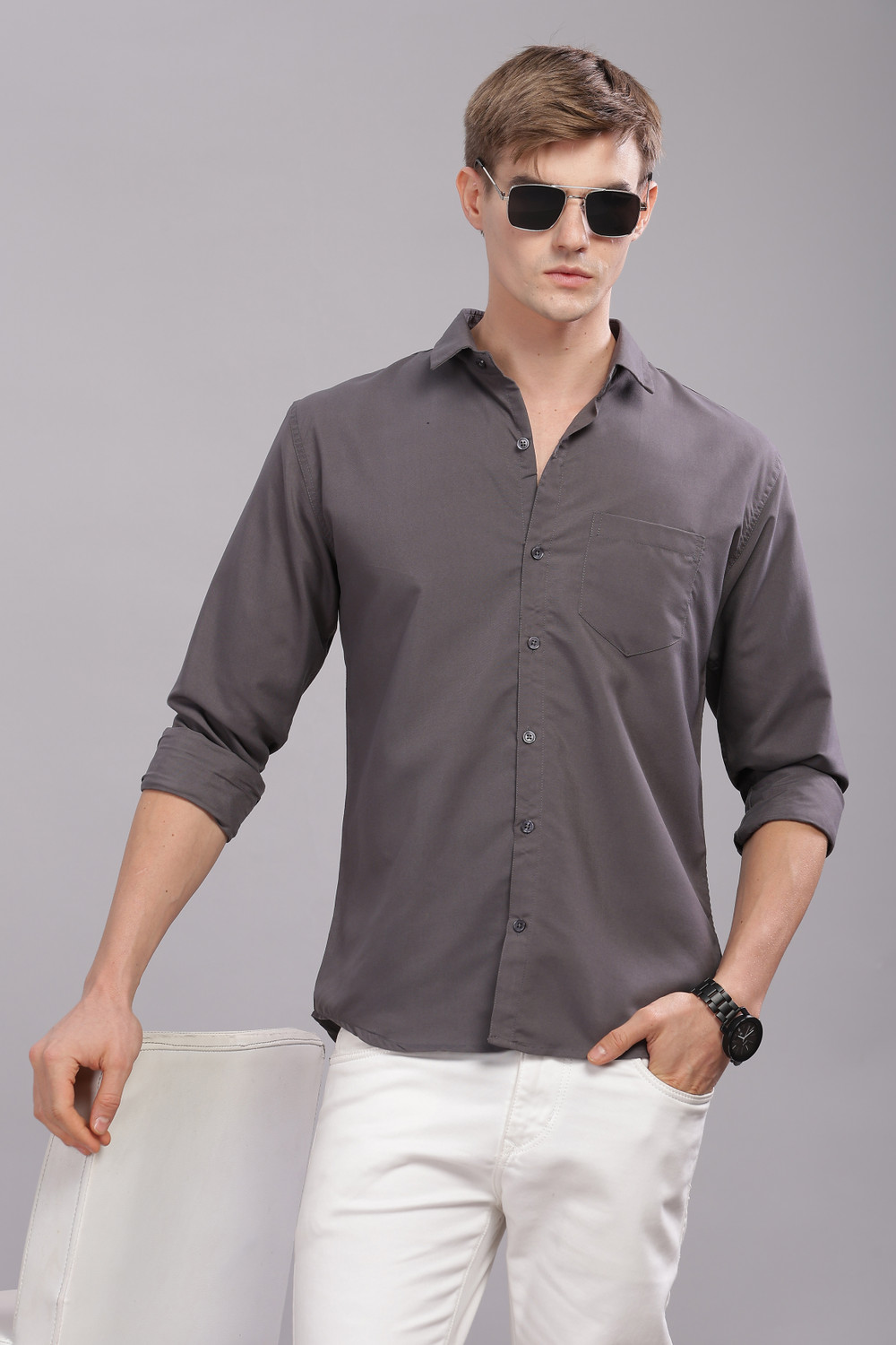 Image of Uzmax Men Solid Casual Grey Shirt