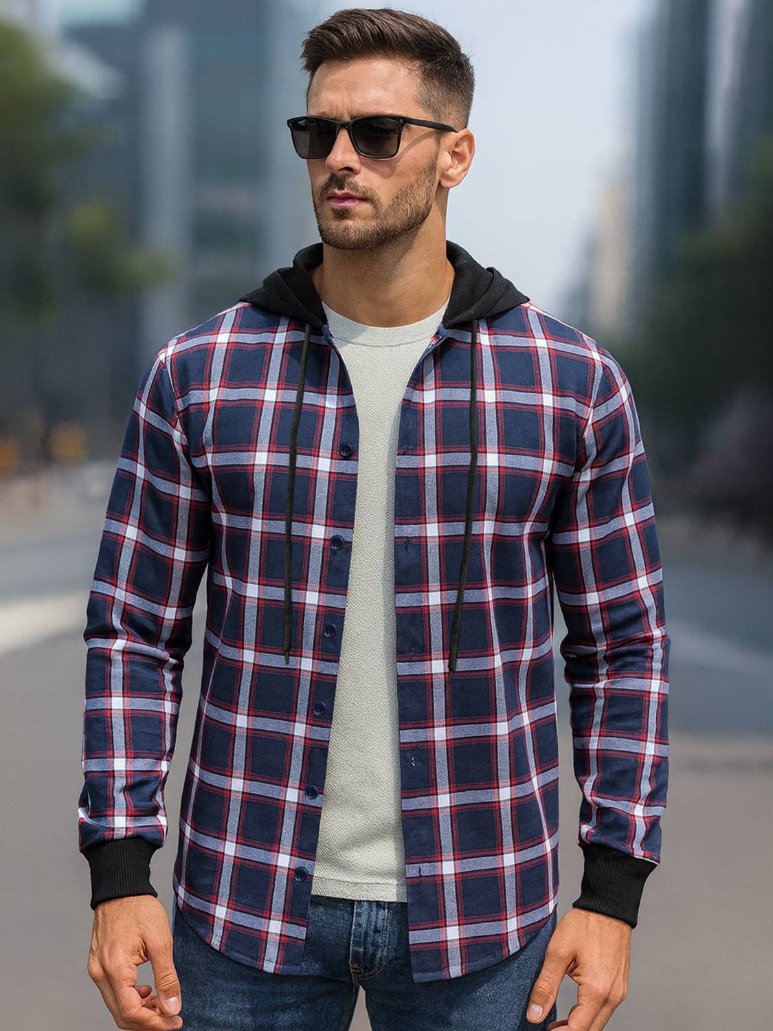 EyeBogler Men Regular Fit Checkered Hood Collar Casual Shirt