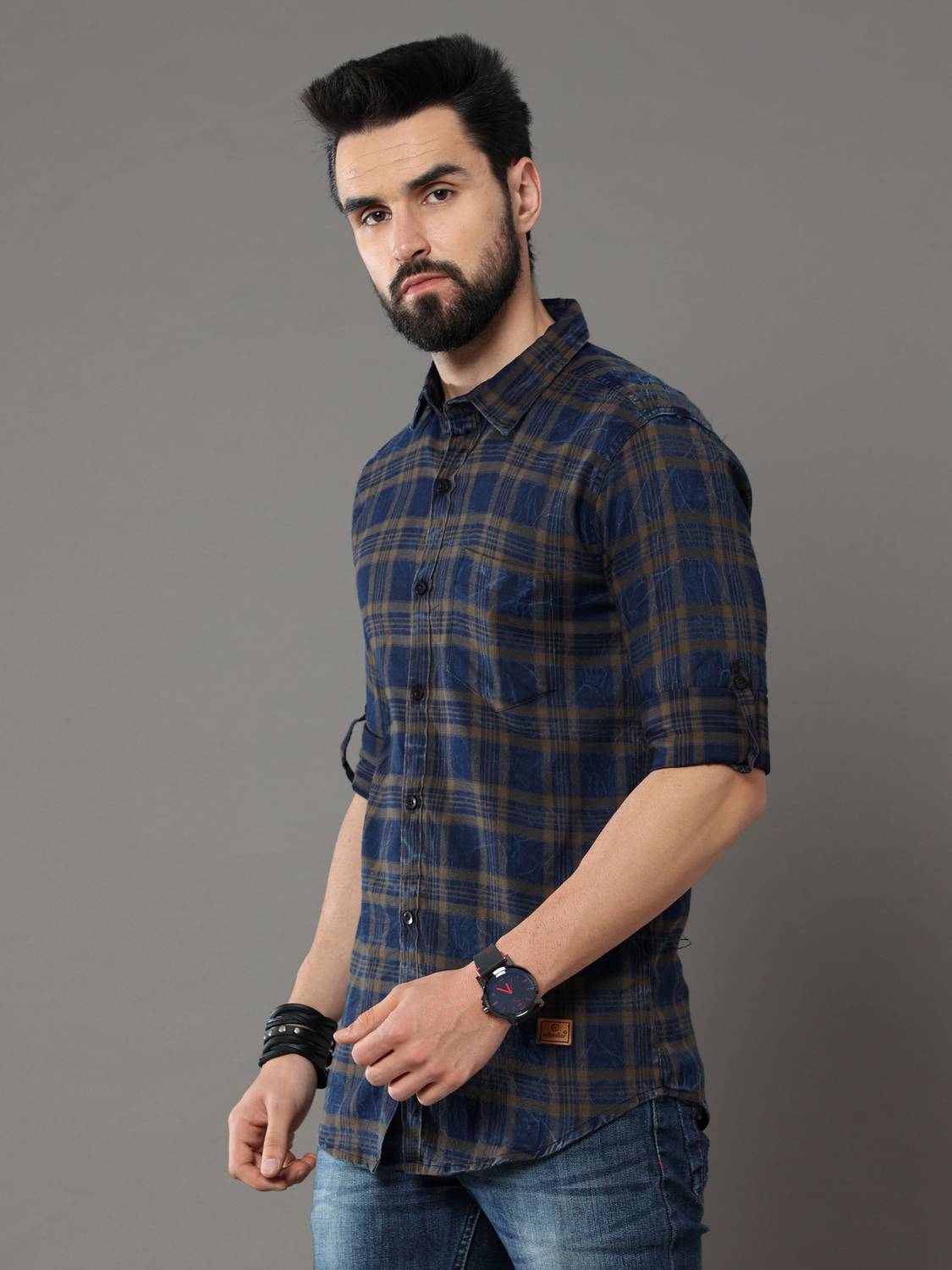 tallwalker Men Checkered Casual Blue, Brown Shirt - Image 3