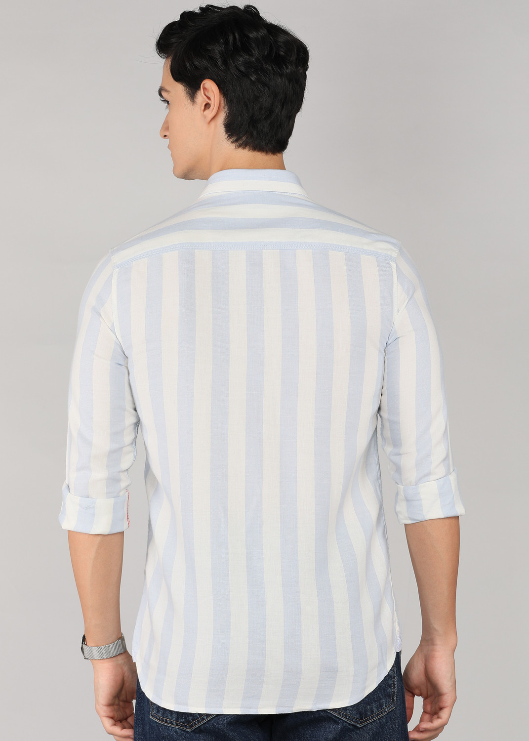Image of LAWMAN Men Striped Casual Light Blue Shirt