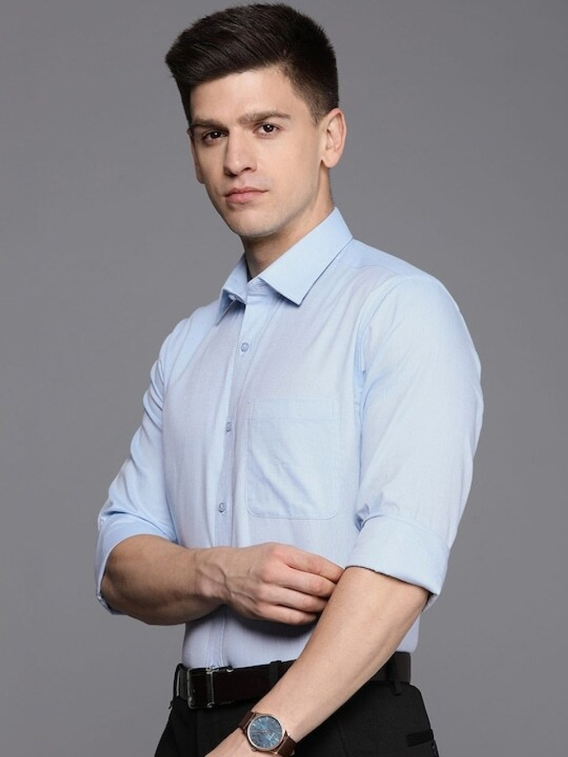 Image of Raymond Men Self Design Formal Blue Shirt