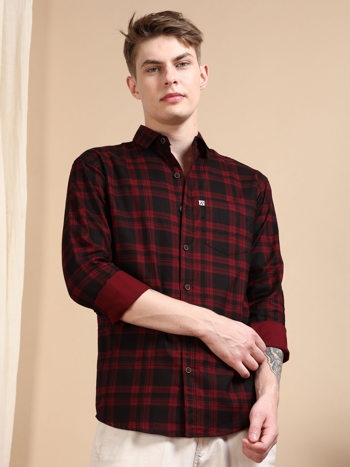 Image of ALLWIN PAUL Men Checkered Casual Maroon Shirt