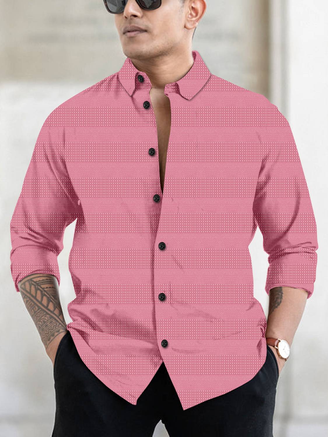 Mameru Men Striped Casual Pink Shirt
