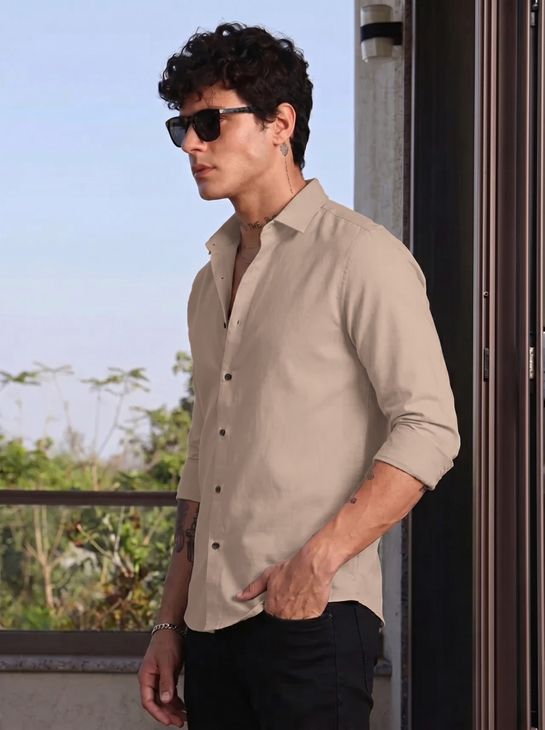 Image of VELLOSTA Men Solid Casual Beige Shirt