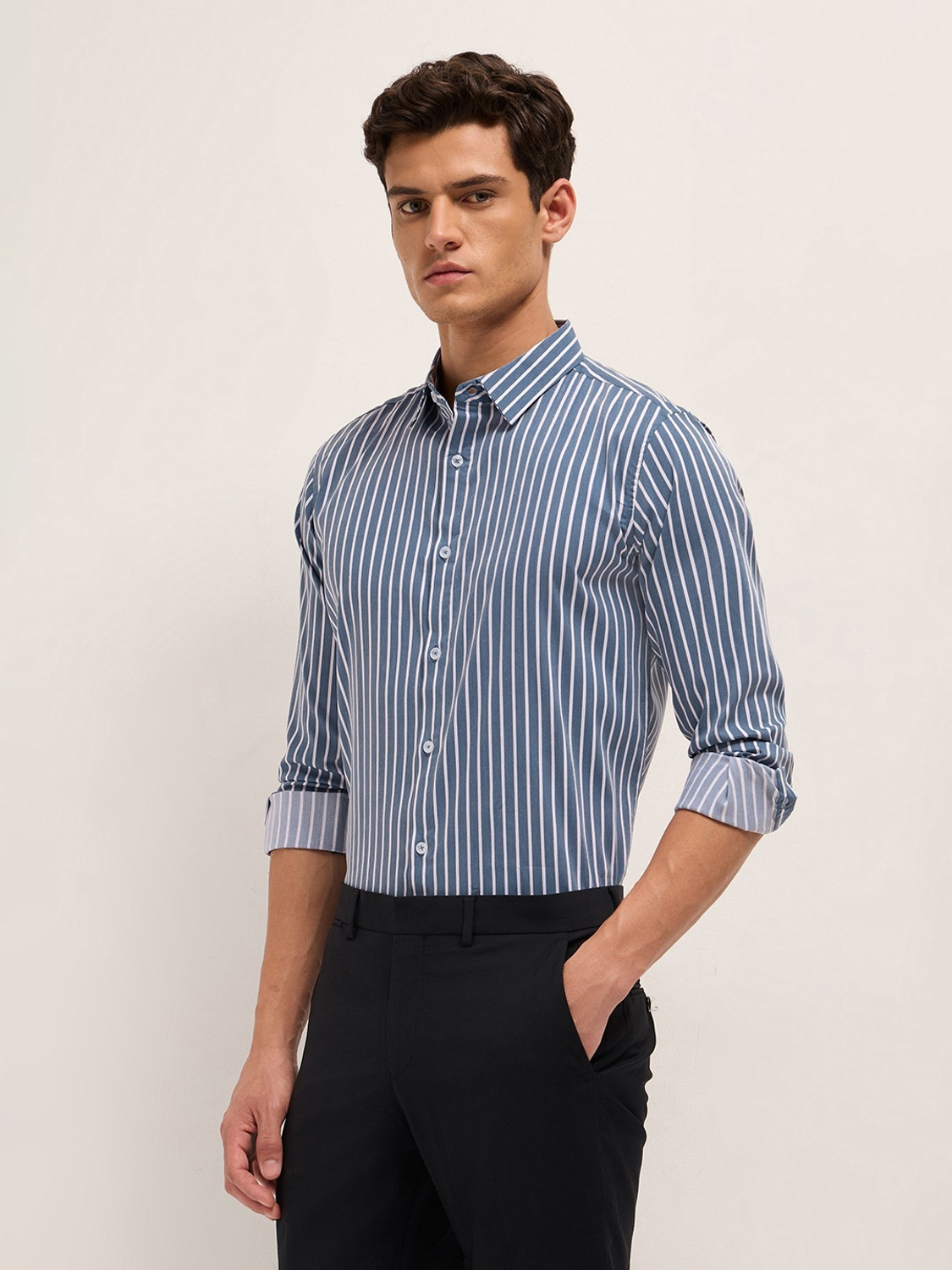 Image of MISCHIEF Monkey Men Striped Casual Blue Shirt