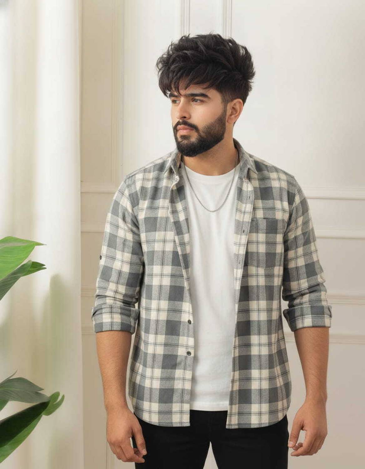 ZONANZA Men Checkered Casual Grey, Cream Shirt - Image 5