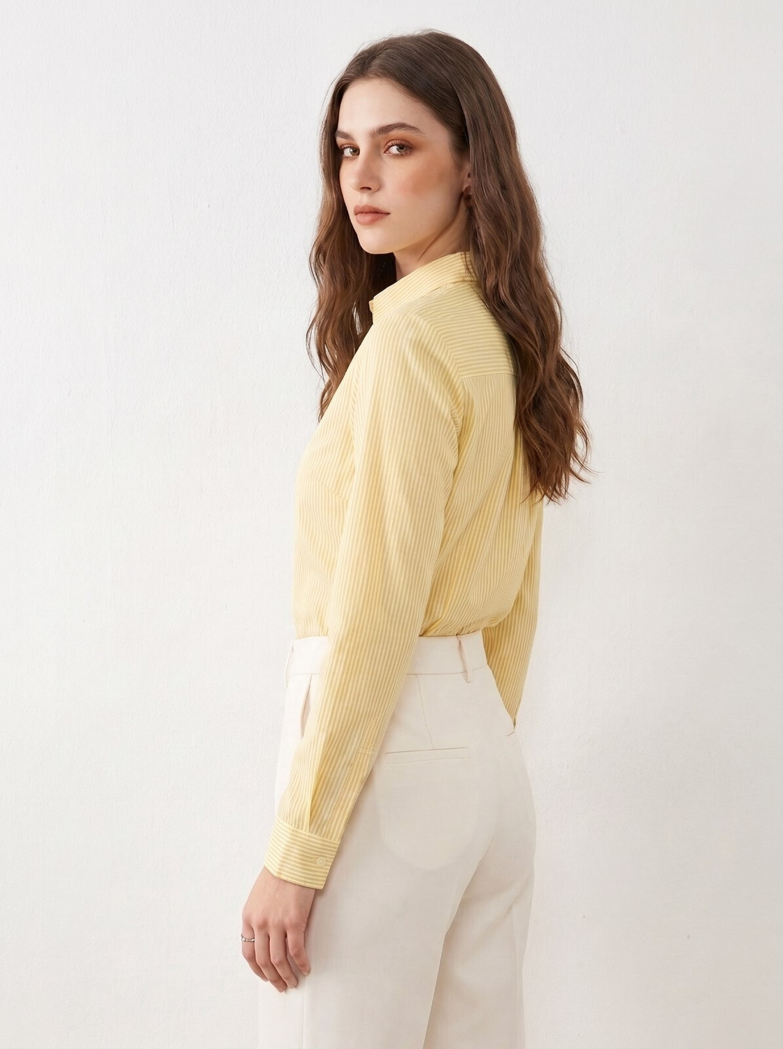 Image of Ovum Women Striped Casual White, Yellow Shirt