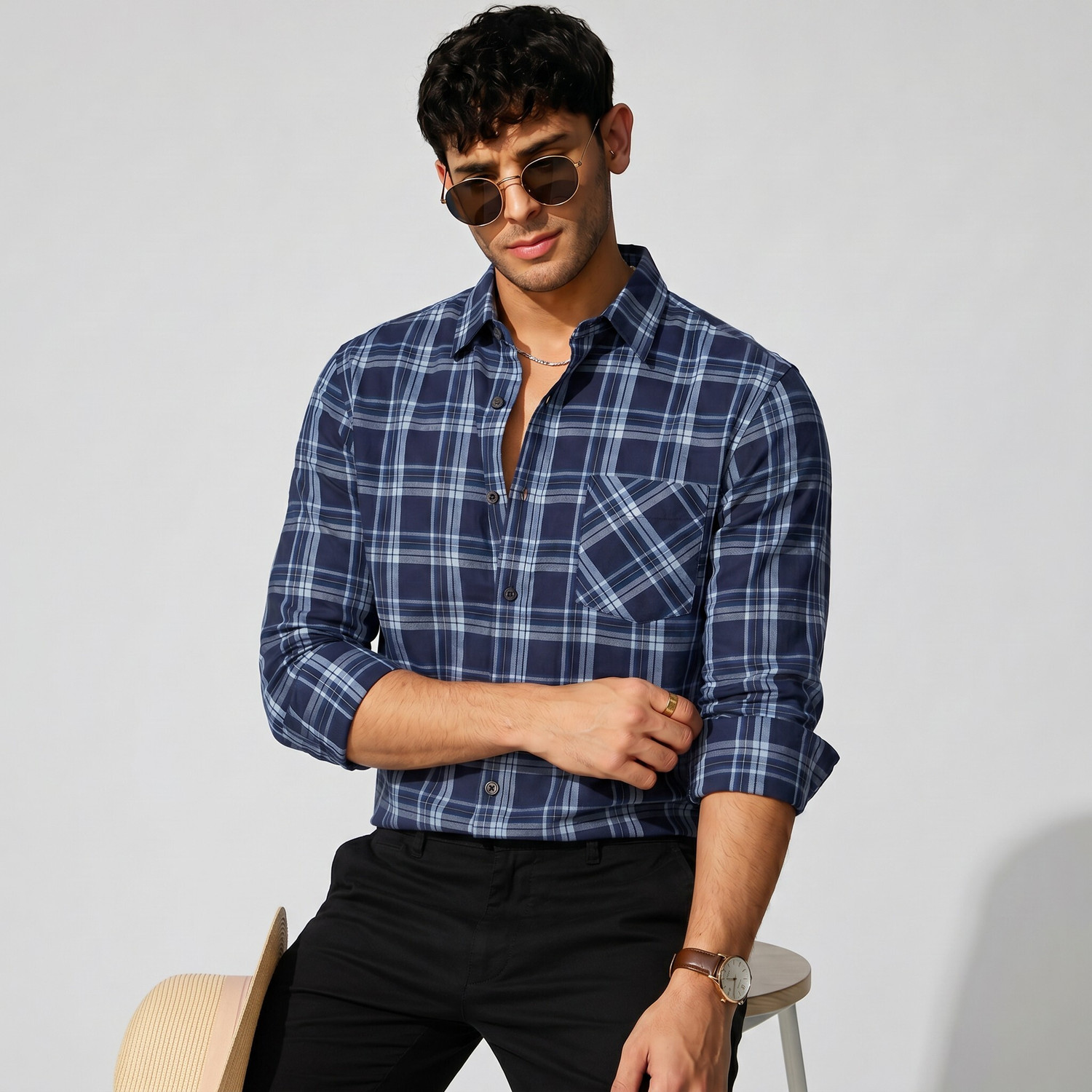 Image of MBF66 Men Checkered Casual Brown, Blue, Pink Shirt