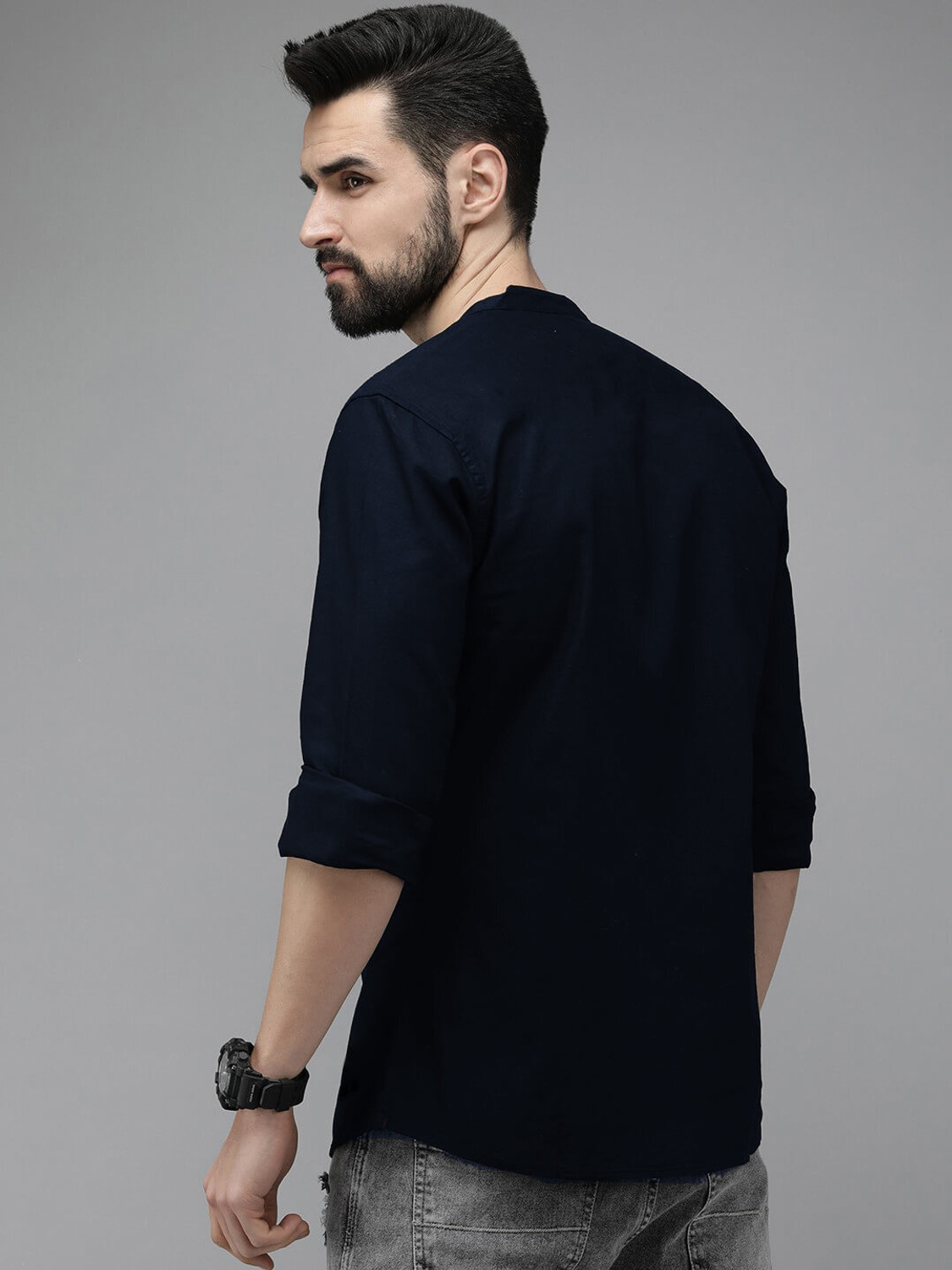 Image of Qlonz Store Men Solid Casual Blue Shirt