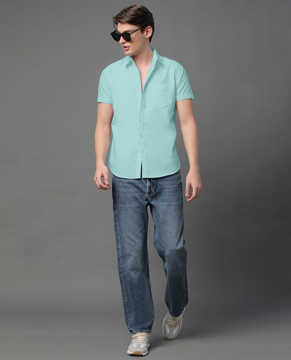 Image of Voroxy Men Solid Casual Light Blue Shirt