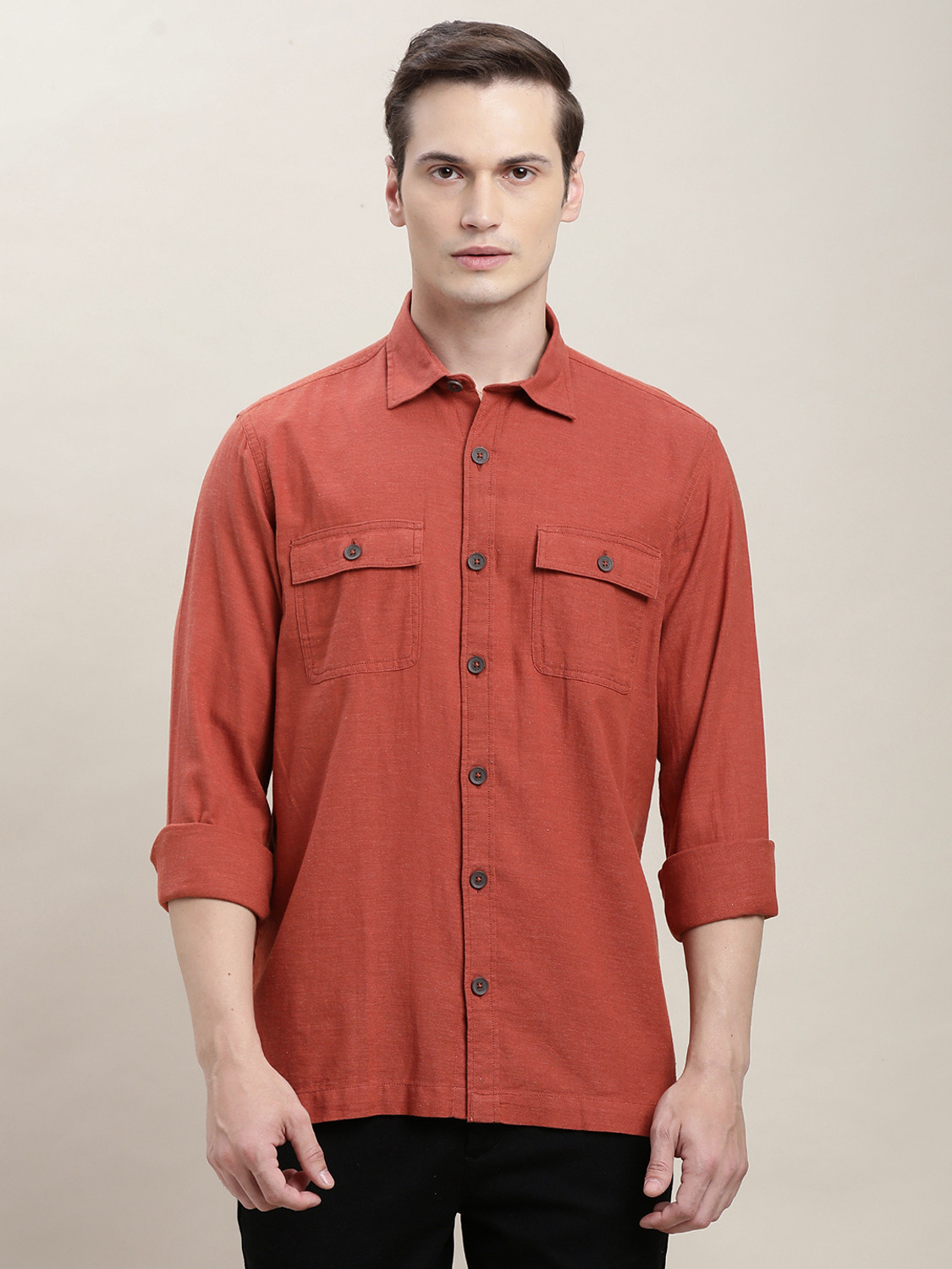 Image of TURTLE Men Solid Casual Orange Shirt