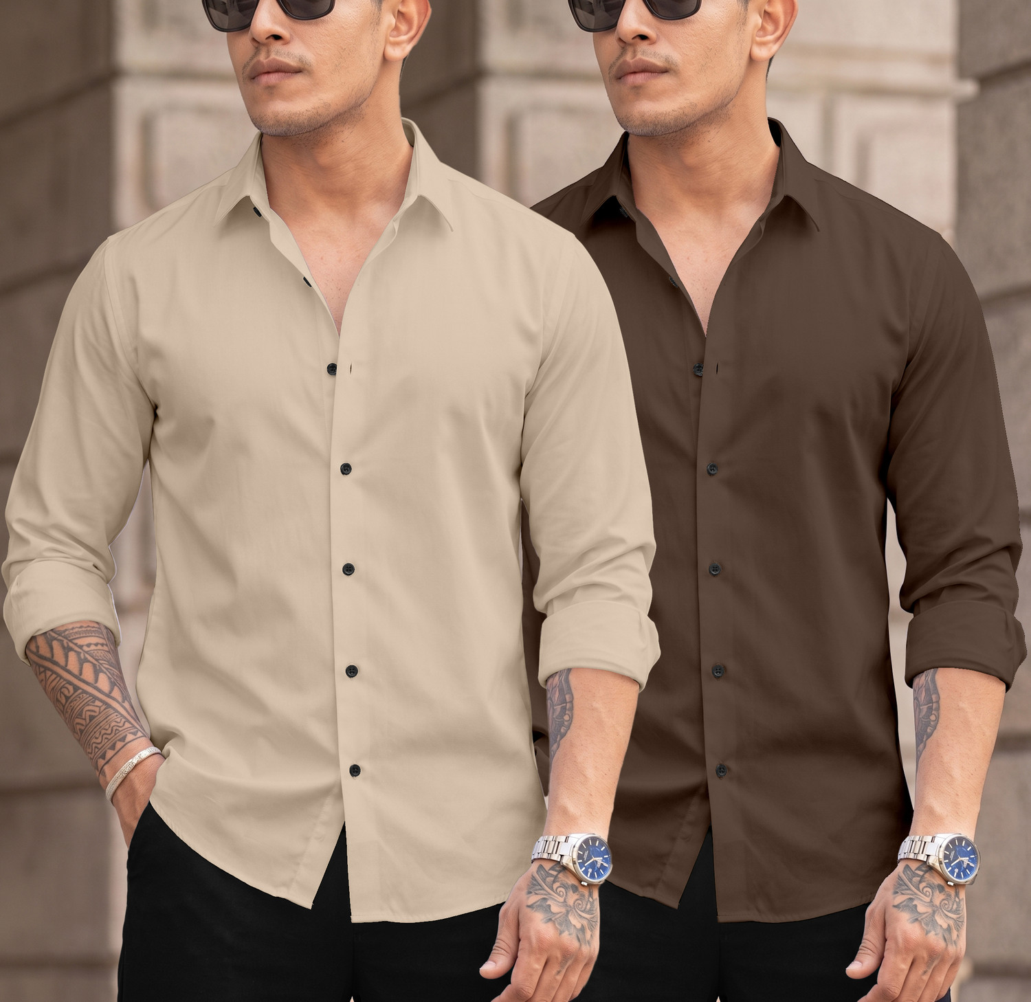 Image of DarkSquare Men Solid Casual Brown, Cream Shirt