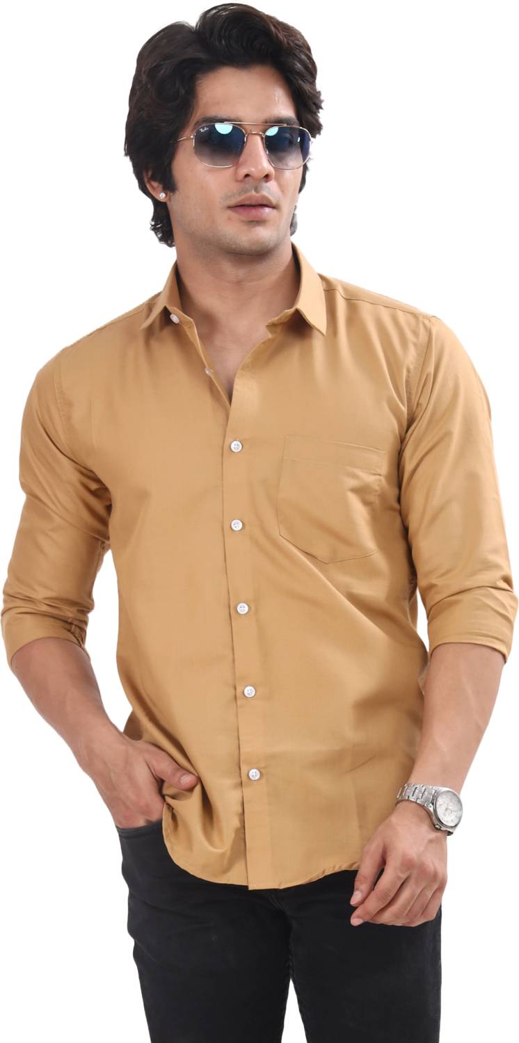 AKAIKA Men Solid Casual Beige Shirt