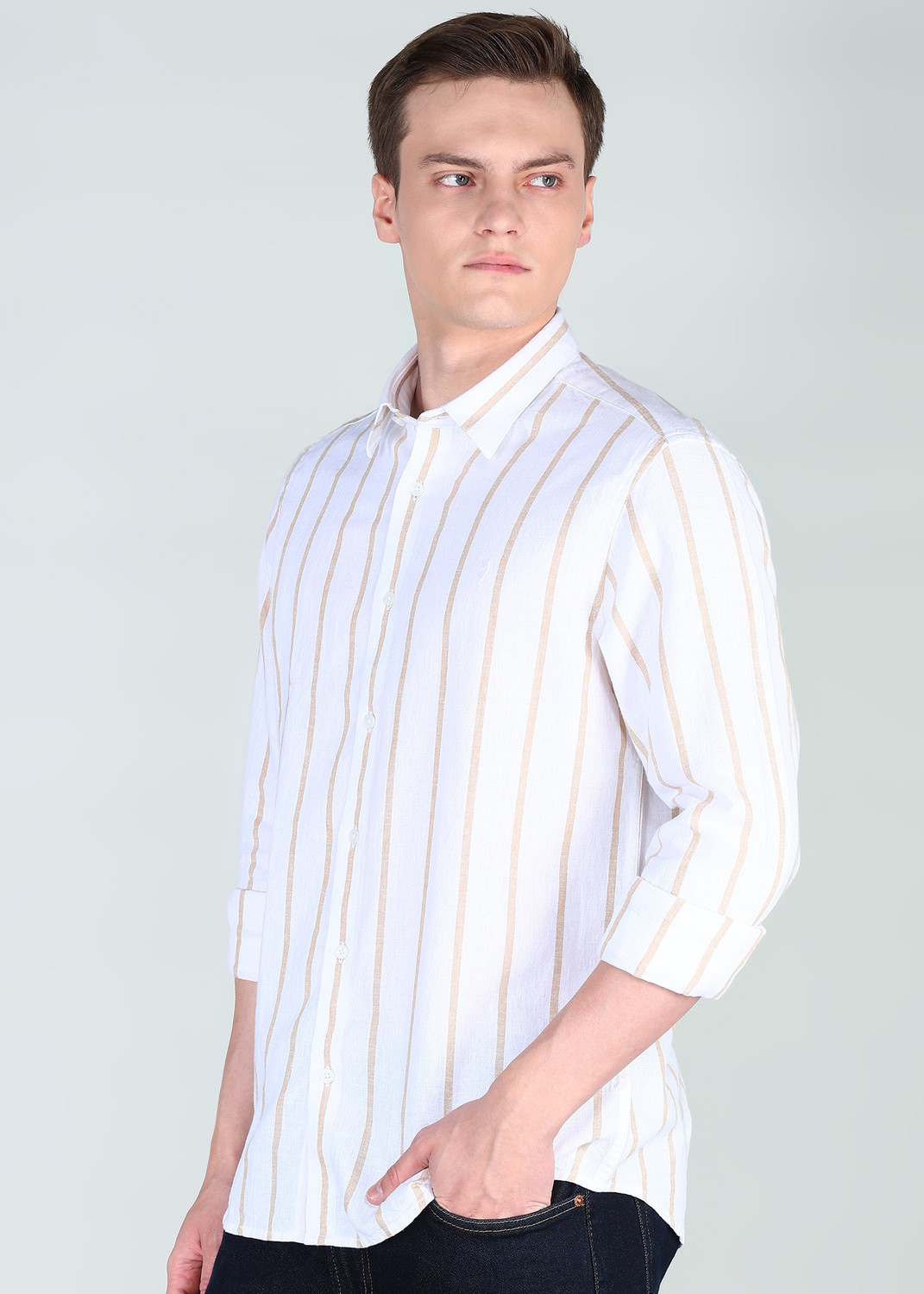 Image of INDIAN TERRAIN Men Striped Casual Beige Shirt
