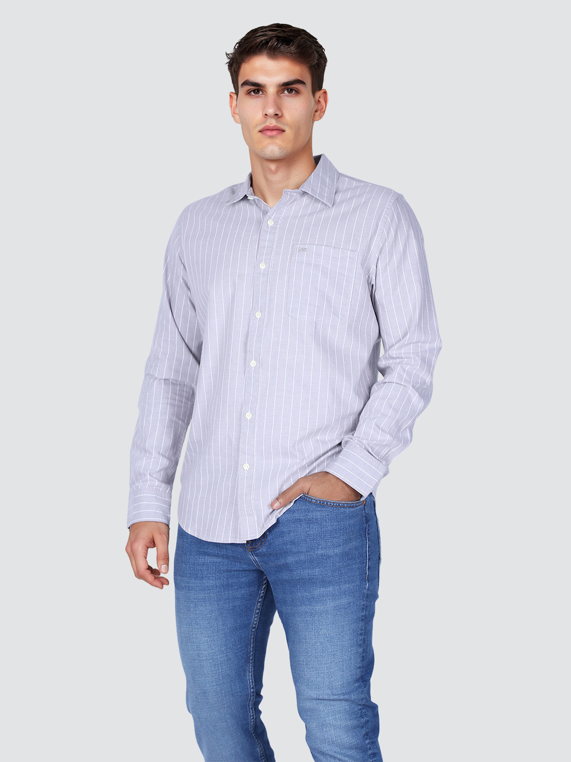 Image of LEE Men Striped Casual Grey Shirt