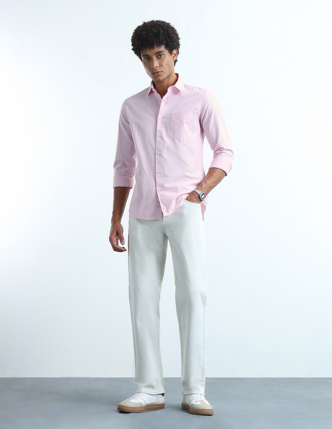 Image of FLYING MACHINE Men Solid Casual Pink Shirt