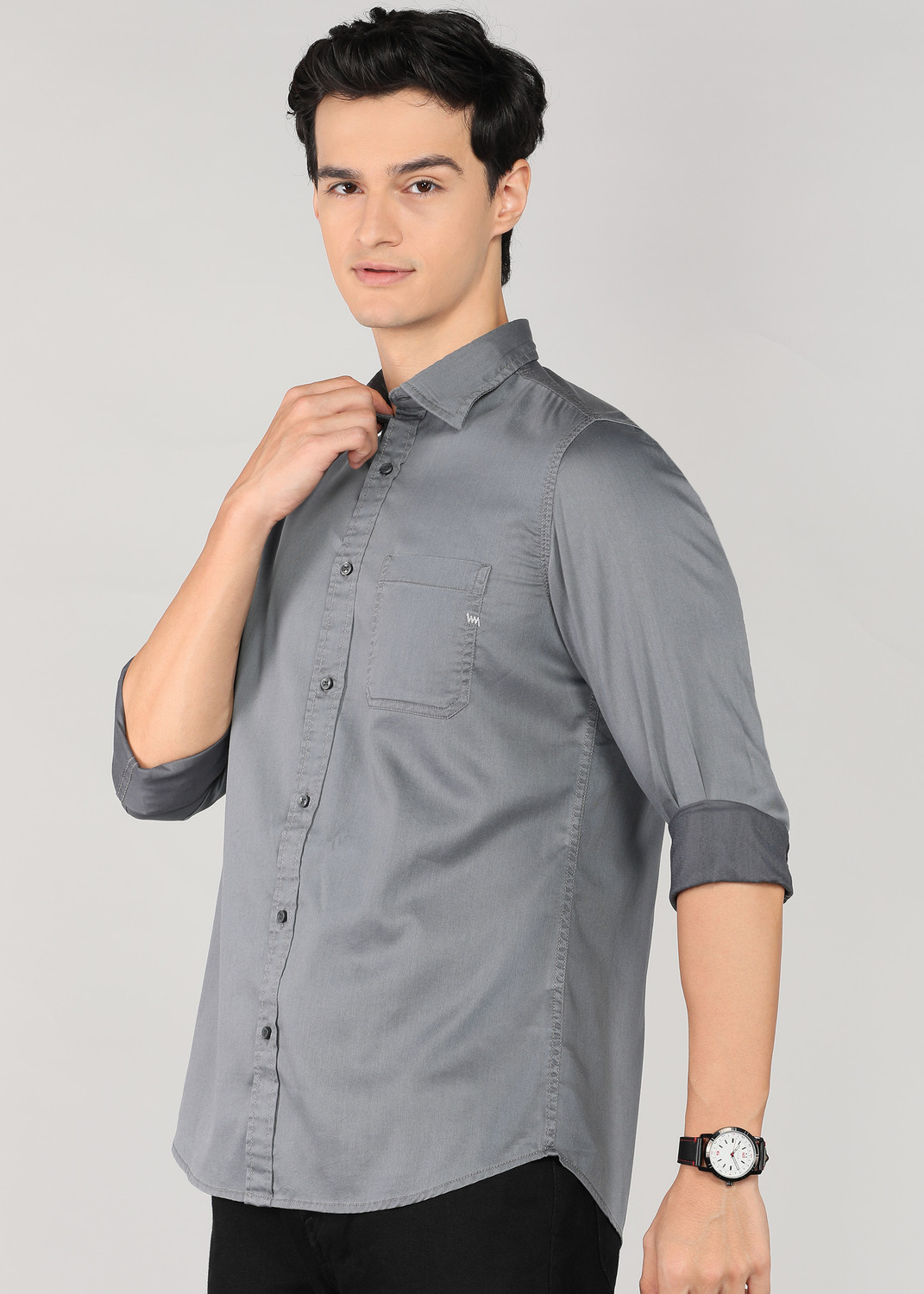 Image of LAWMAN Men Solid Casual Grey Shirt