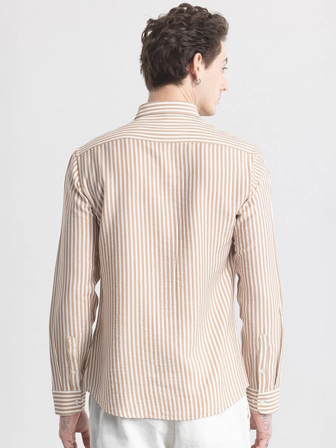 MANCLUB Men Striped Casual Brown, White Shirt - Image 3