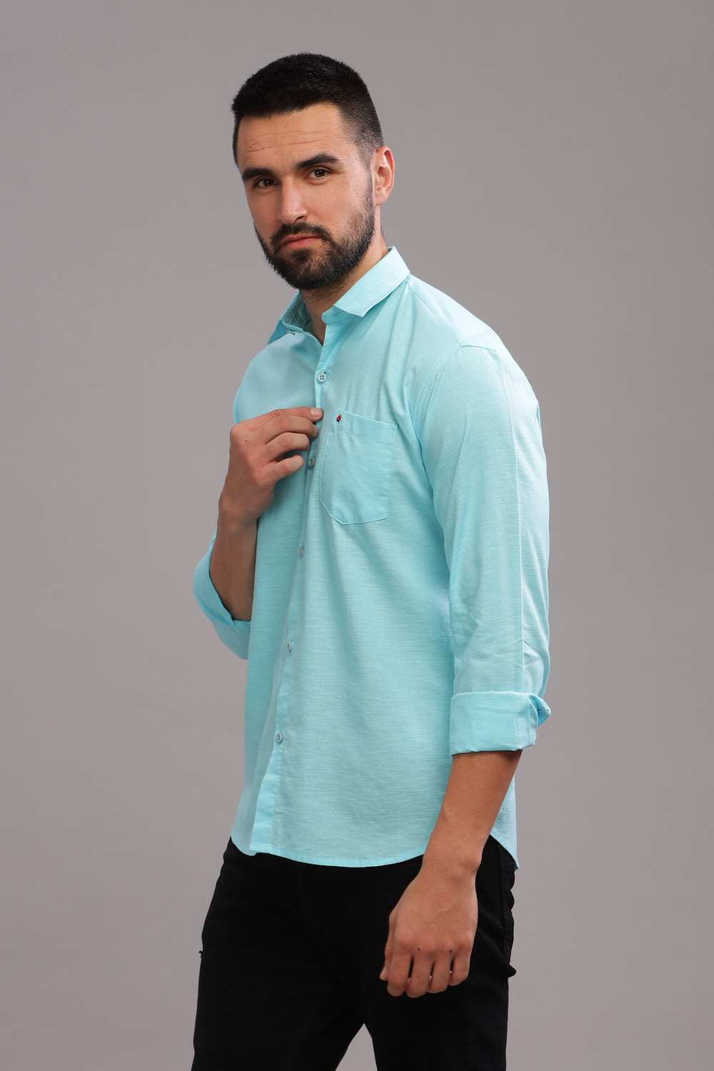 Image of BLUE SQUAD Men Solid Casual Blue Shirt