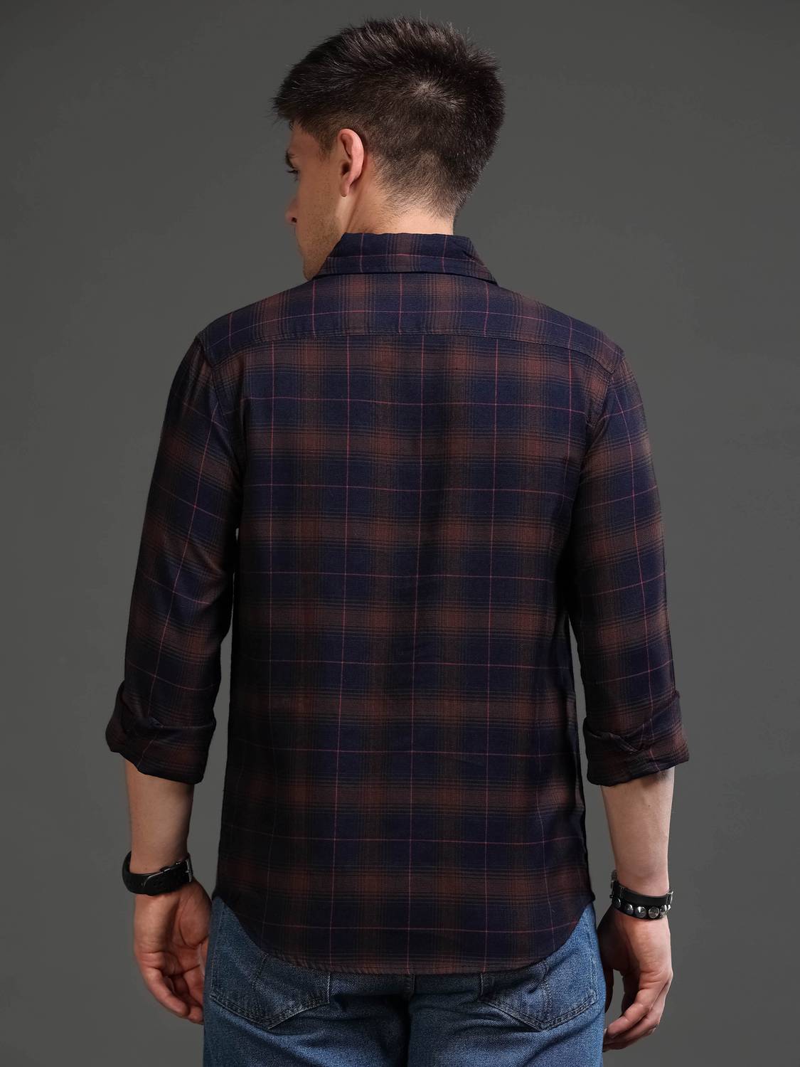 tallwalker Men Checkered Casual Brown, Blue Shirt - Image 2