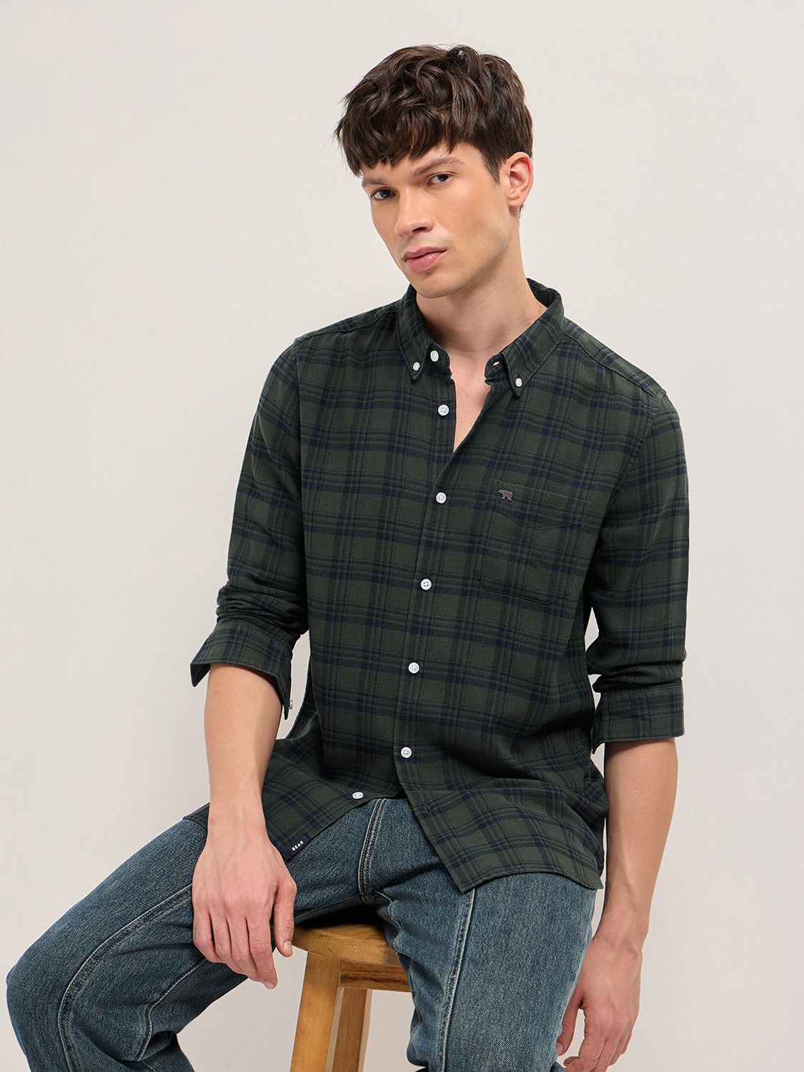Image of THE BEAR HOUSE Men Checkered Casual Green Shirt