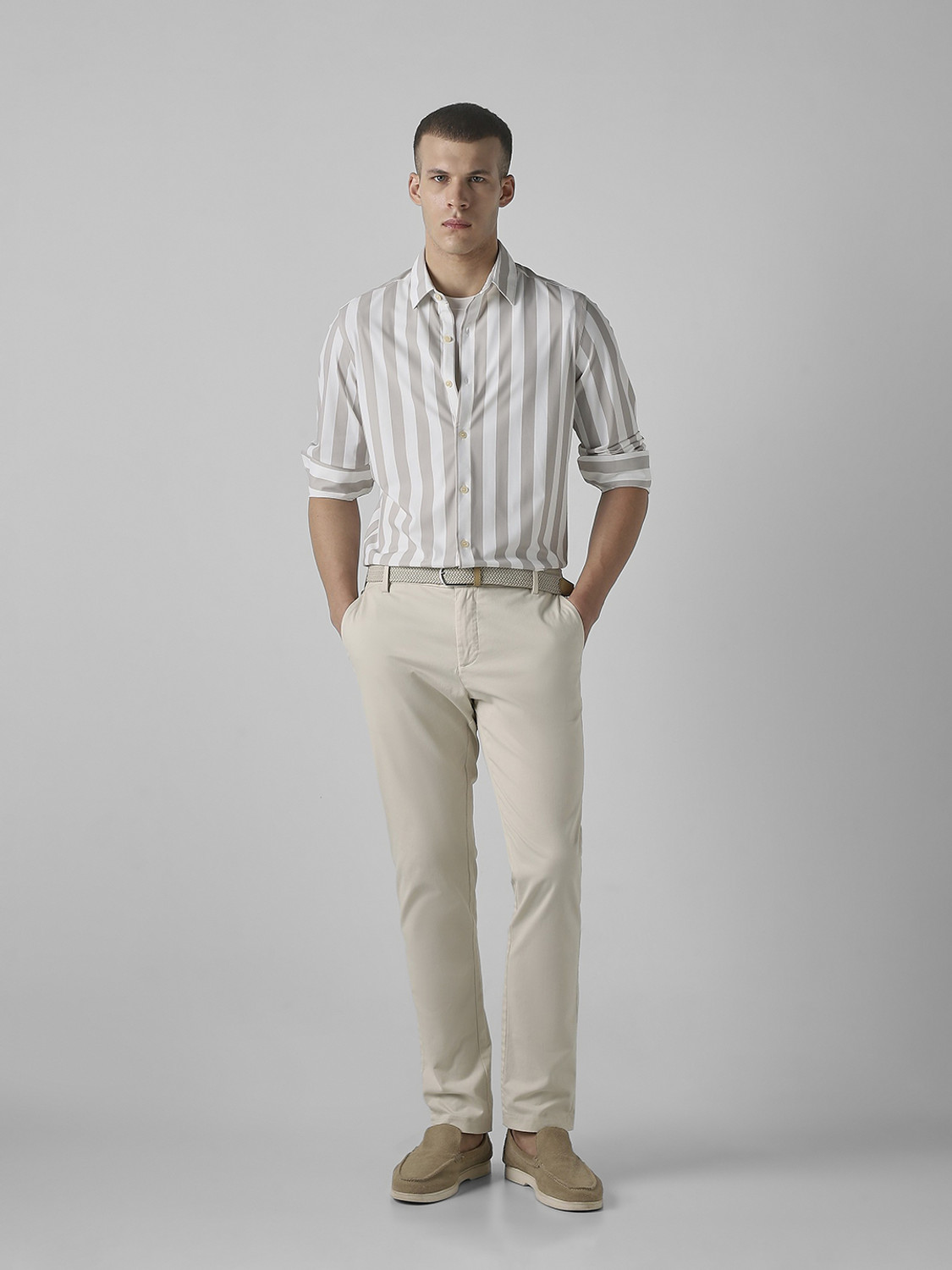 Image of MUFTI Men Striped Casual Grey Shirt