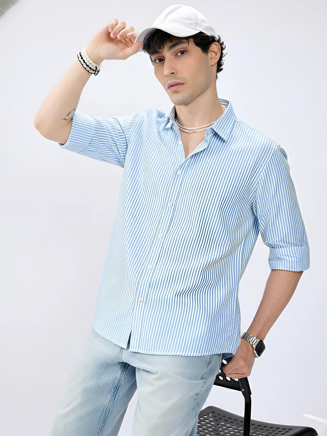 Image of EIGHTEEN UP Men Striped Casual Blue Shirt