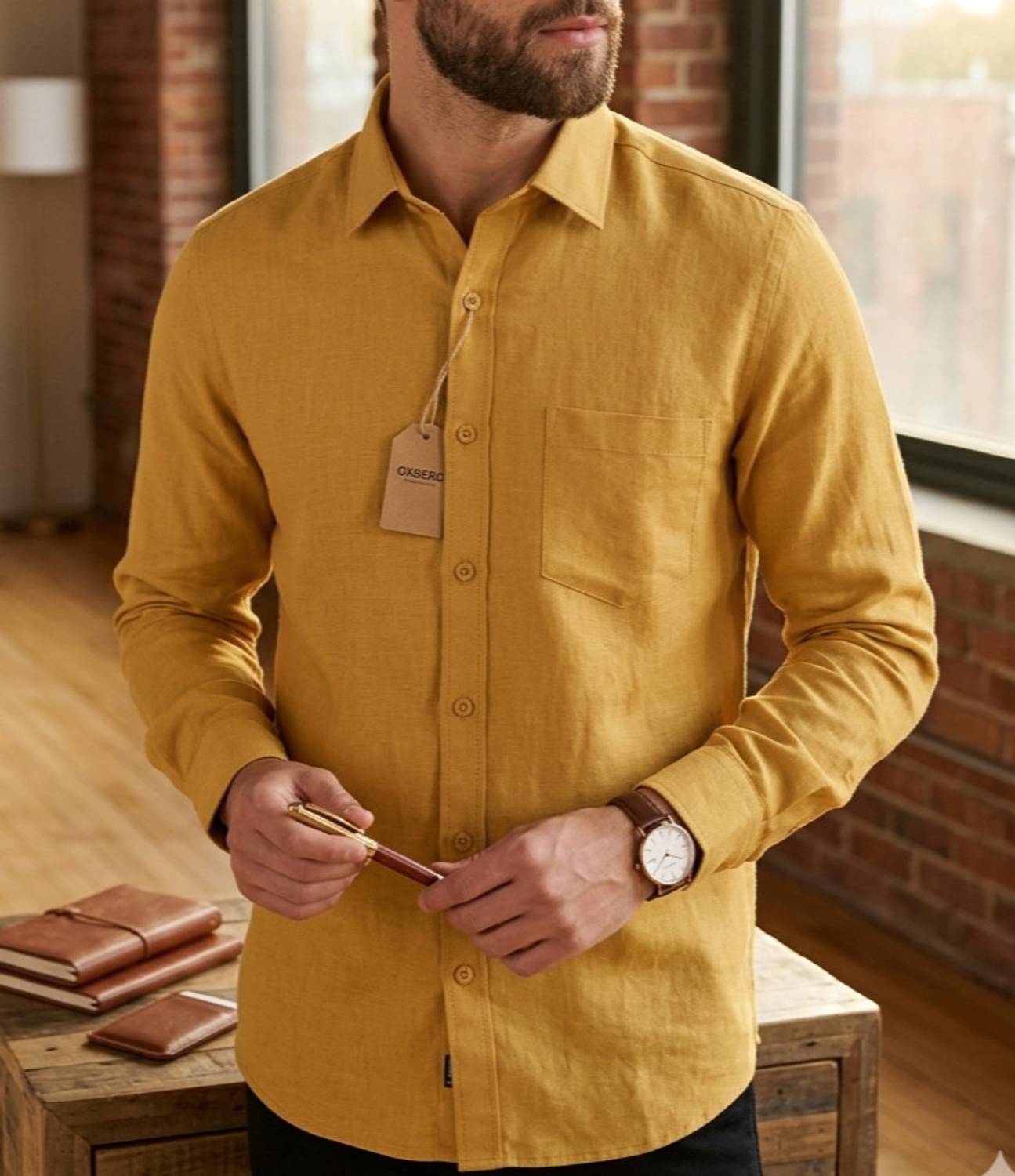 Bondia Men Solid Casual Beige Shirt