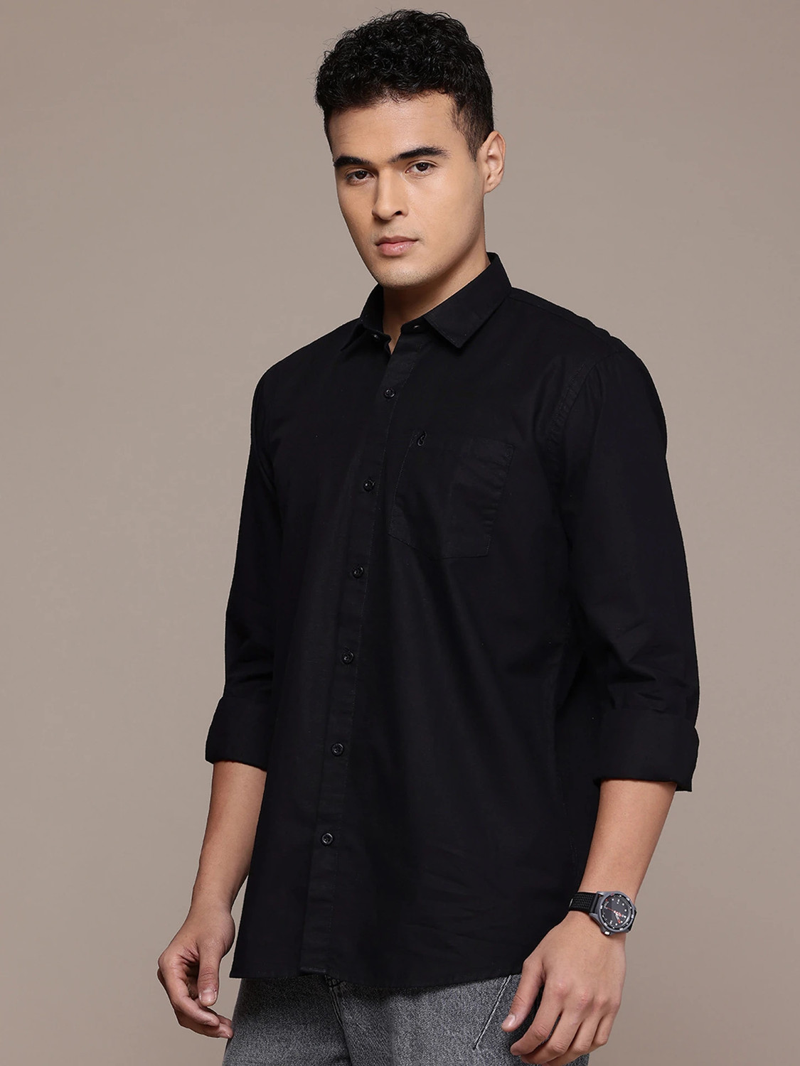 Image of TIGER SNAKE Men Solid Casual Black Shirt