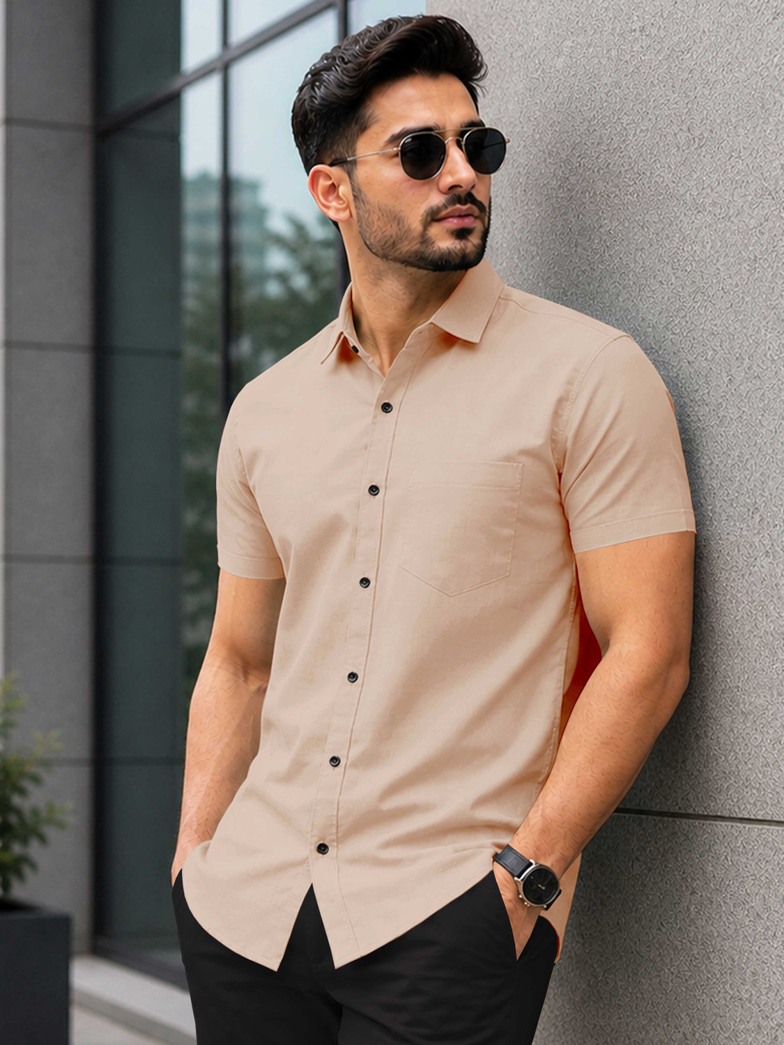 Image of VeBNoR Men Solid Casual Beige Shirt
