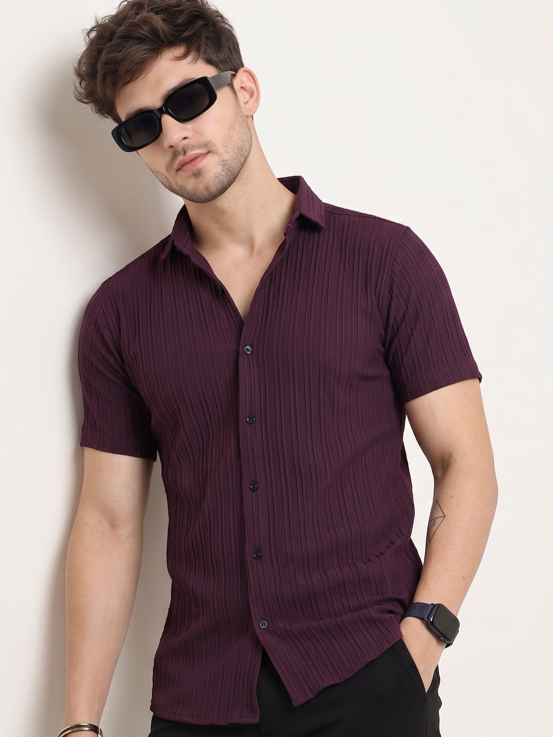 Image of NIVICK Men Self Design Casual Purple Shirt