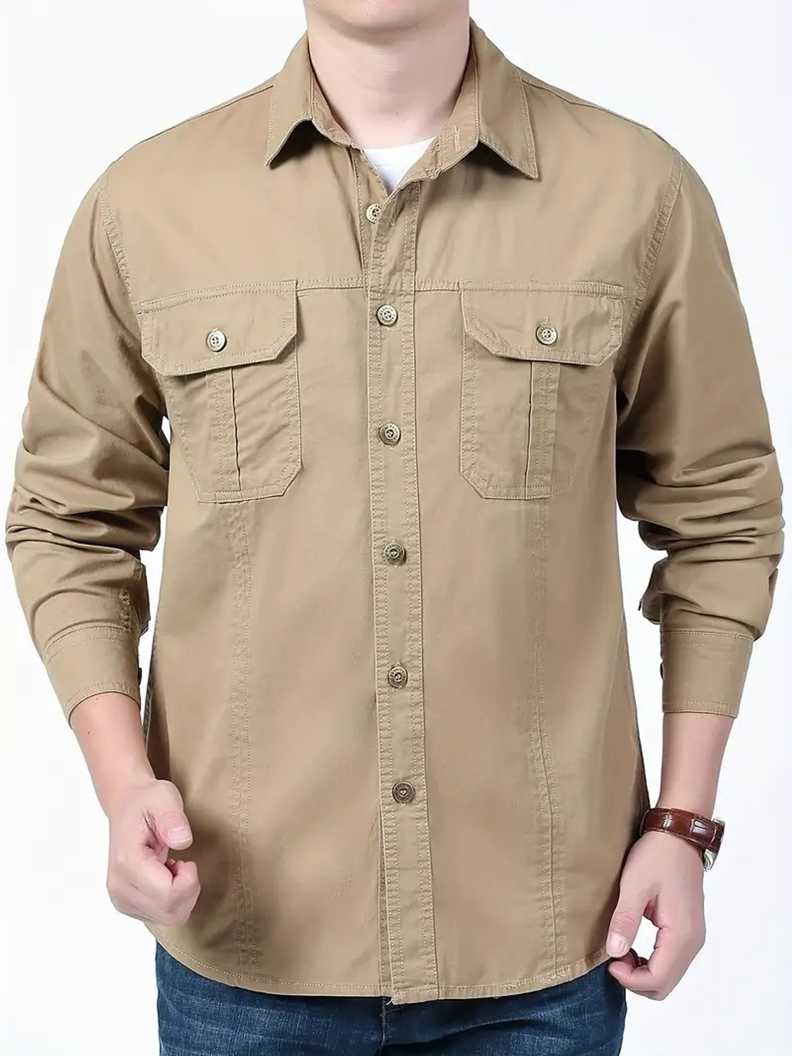 Image of sti Men Solid Casual Khaki Shirt