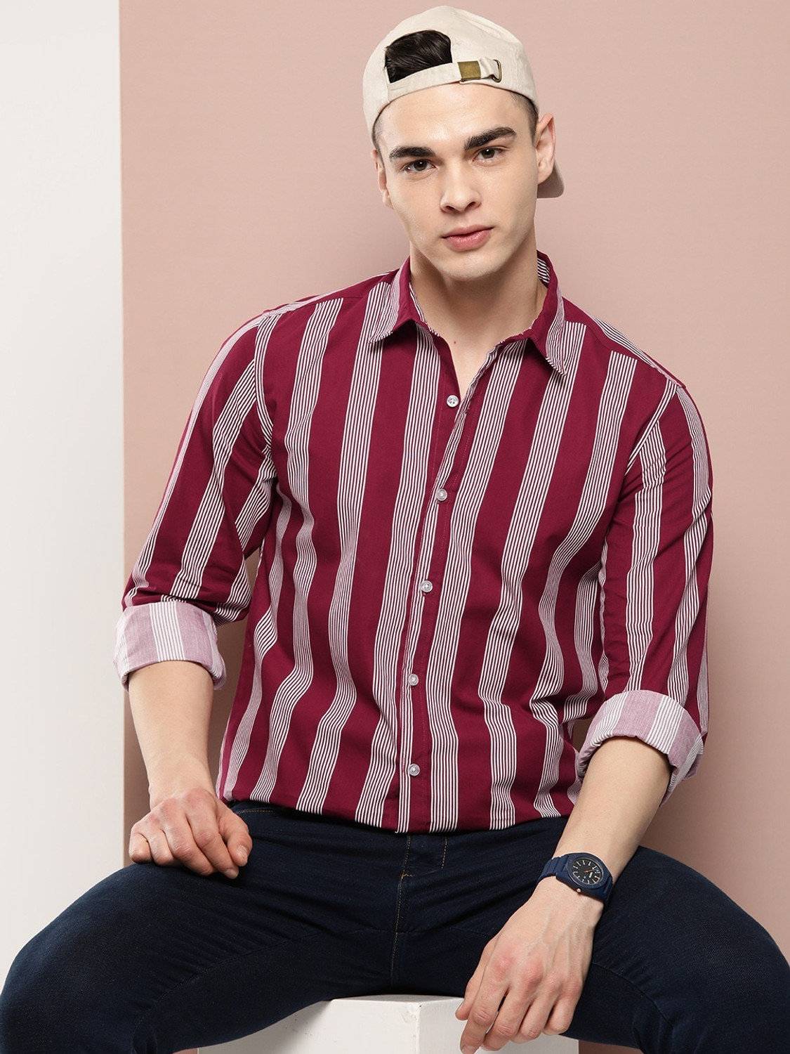 Image of RODEIZ Men Striped Casual Maroon, White Shirt