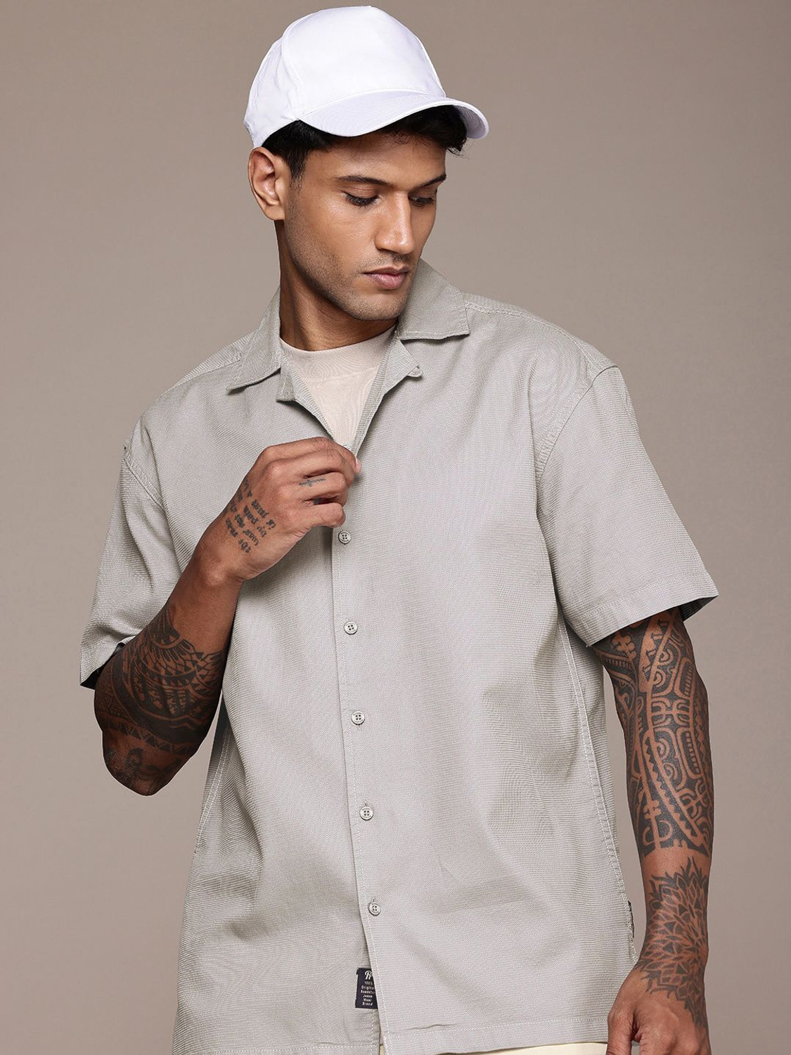 Image of Roadster Men Self Design Casual Grey Shirt
