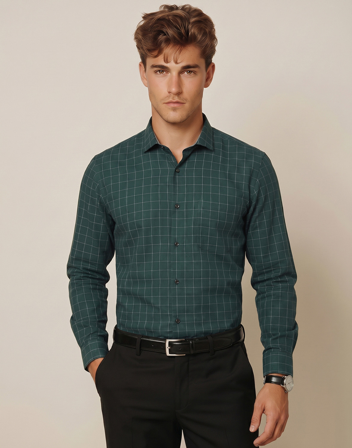 Image of PETER ENGLAND Men Slim Fit Checkered Spread Collar Formal Shirt
